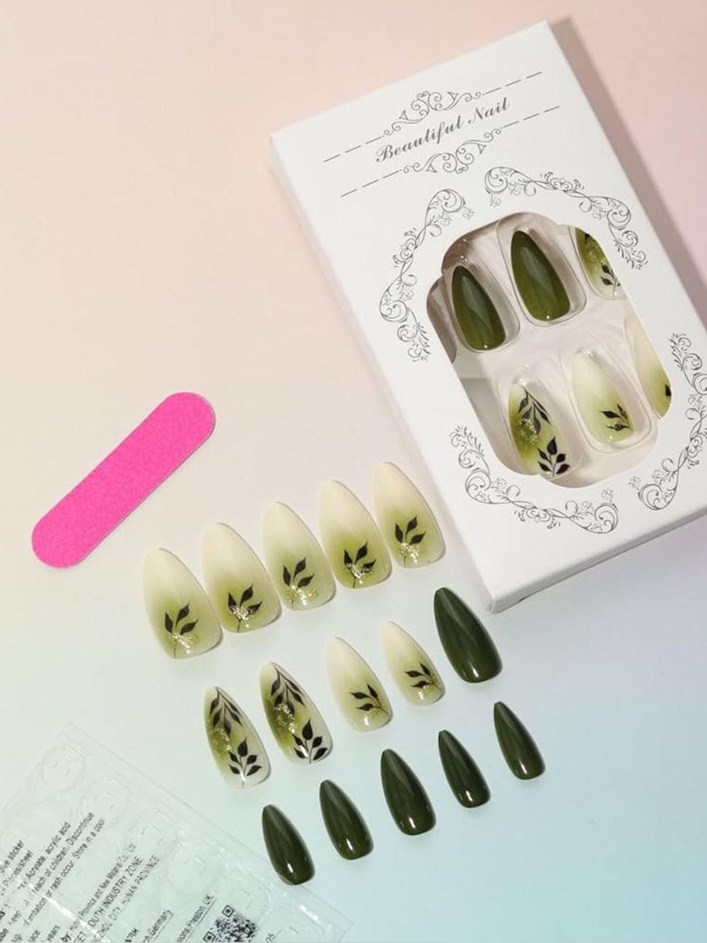 Almond Fake Press-On Nails W/ Leaf Accent & Gold Foil